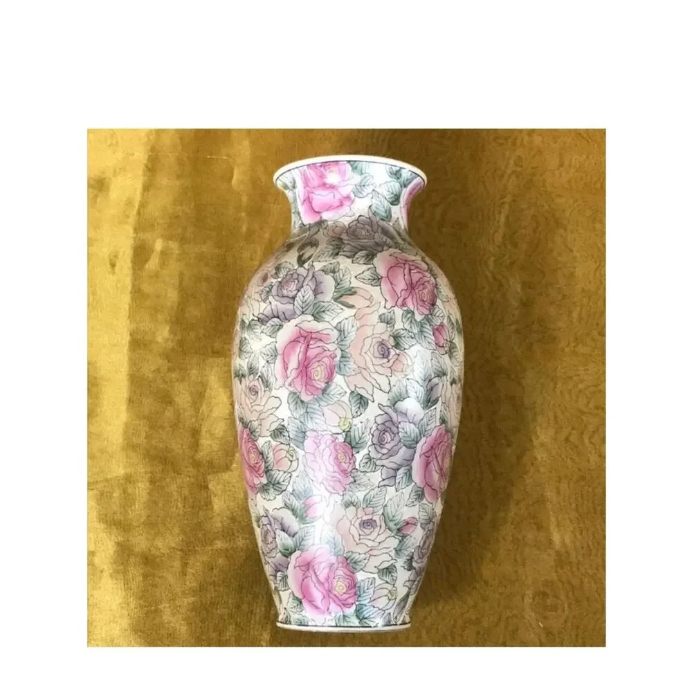 Porcelain Floral Vase in Pink and Green - Decorative Accent